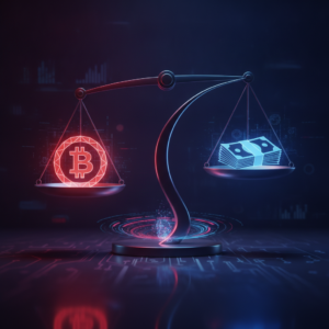 Abstract illustration comparing Bitcoin and traditional currency