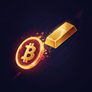 Abstract illustration of a Bitcoin coin merging into a gold bar