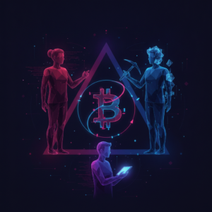 Abstract illustration of three figures balanced around a Bitcoin symbol