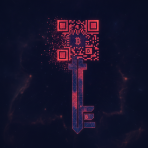 Abstract illustration of a QR code merging into a key symbol