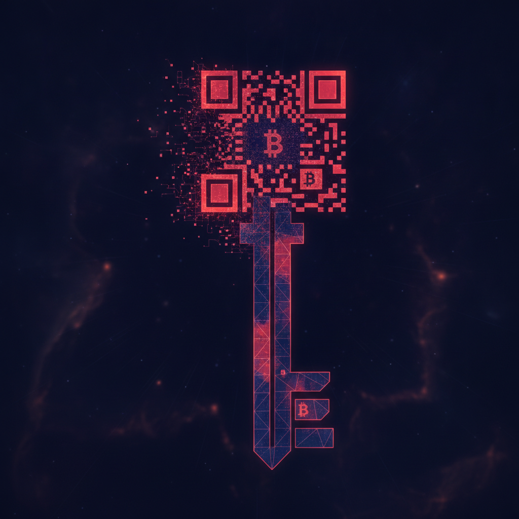 Abstract illustration of a QR code merging into a key symbol