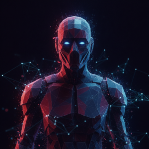 Abstract illustration of a masked figure among network lines