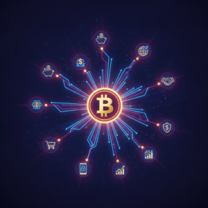 Abstract illustration of a Bitcoin symbol with diverging use-case paths