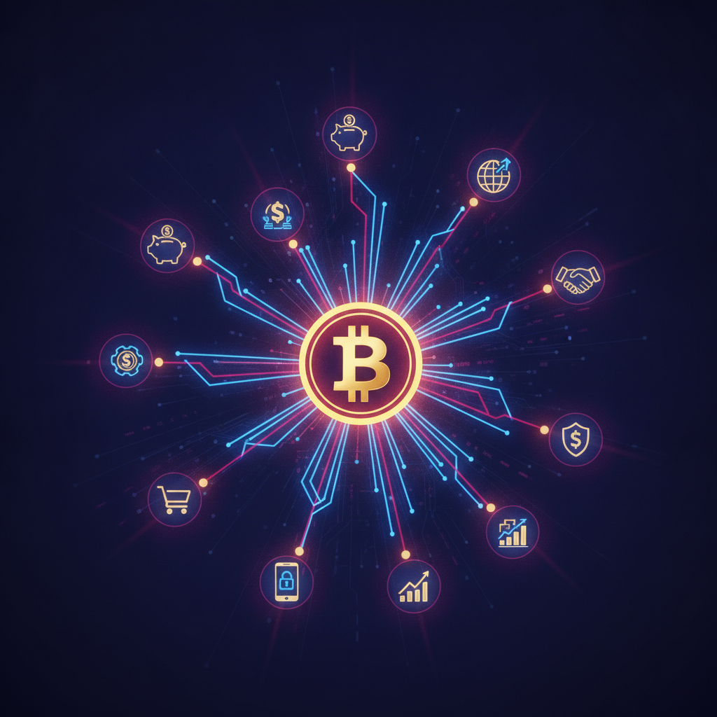 Abstract illustration of a Bitcoin symbol with diverging use-case paths