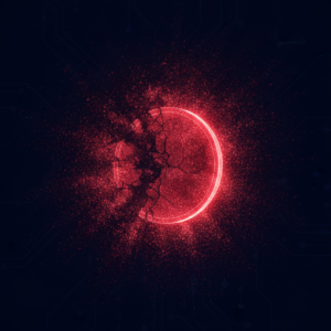 Abstract illustration of a coin fragmenting into tiny particles
