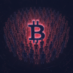 Abstract illustration of diverse figures around a Bitcoin symbol