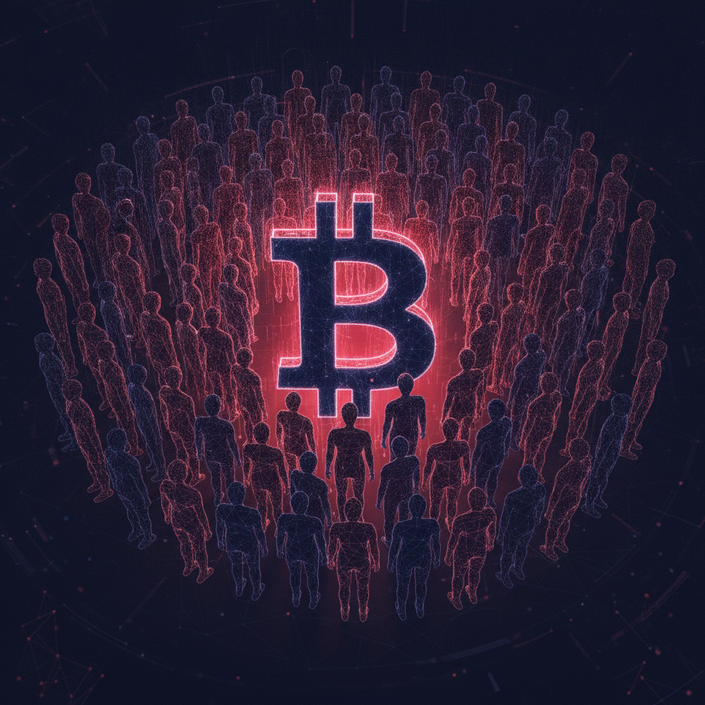 Abstract illustration of diverse figures around a Bitcoin symbol