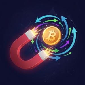 Abstract illustration of a magnet pulling toward a Bitcoin symbol