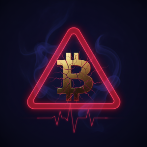 Abstract illustration of a warning triangle over a cracked coin