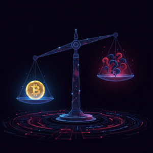 Abstract illustration of a balance scale weighing a Bitcoin symbol