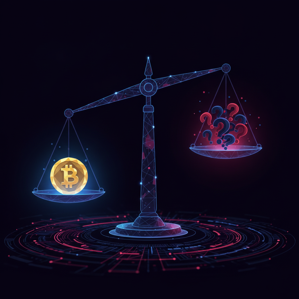 Abstract illustration of a balance scale weighing a Bitcoin symbol
