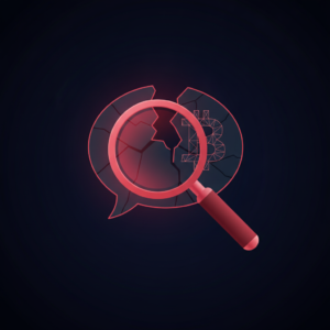Abstract illustration of a magnifying glass inspecting a myth bubble