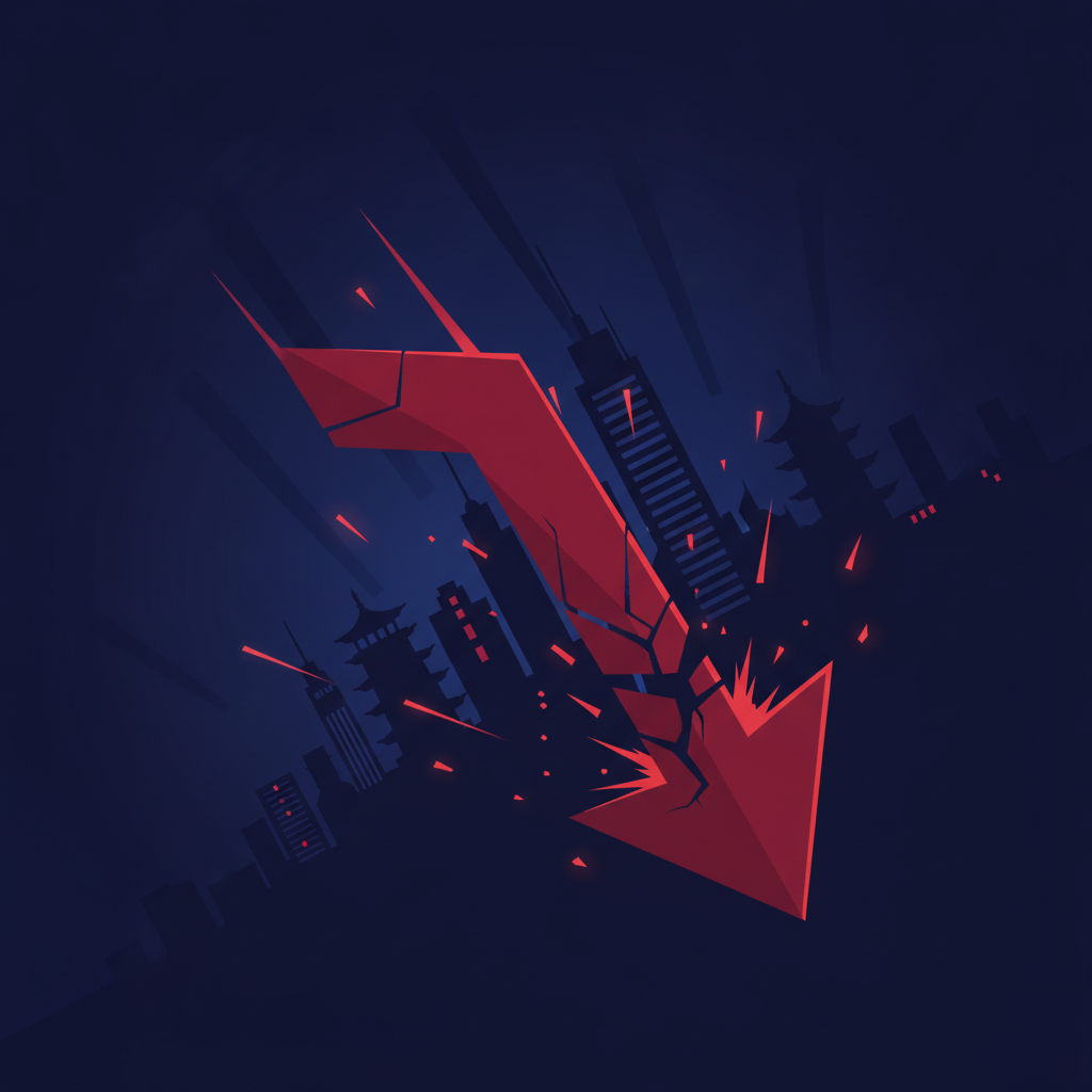 Abstract illustration of a falling chart over an Asian skyline