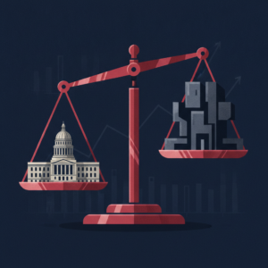 Abstract illustration of a scale balancing state and federal buildings