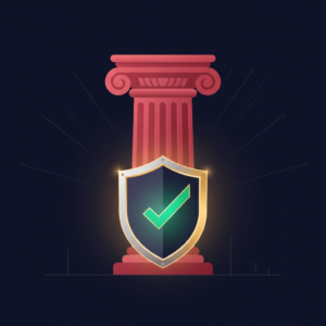 Abstract illustration of a courthouse and a legal win shield