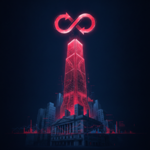 Abstract illustration of a skyscraper with a perpetual trading loop