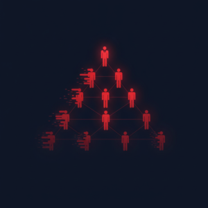 Abstract illustration of an org chart with fading figures representing layoffs