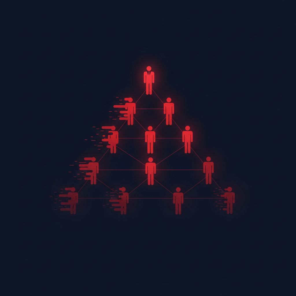 Abstract illustration of an org chart with fading figures representing layoffs