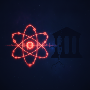 Abstract illustration of a quantum atom pattern next to a bank building