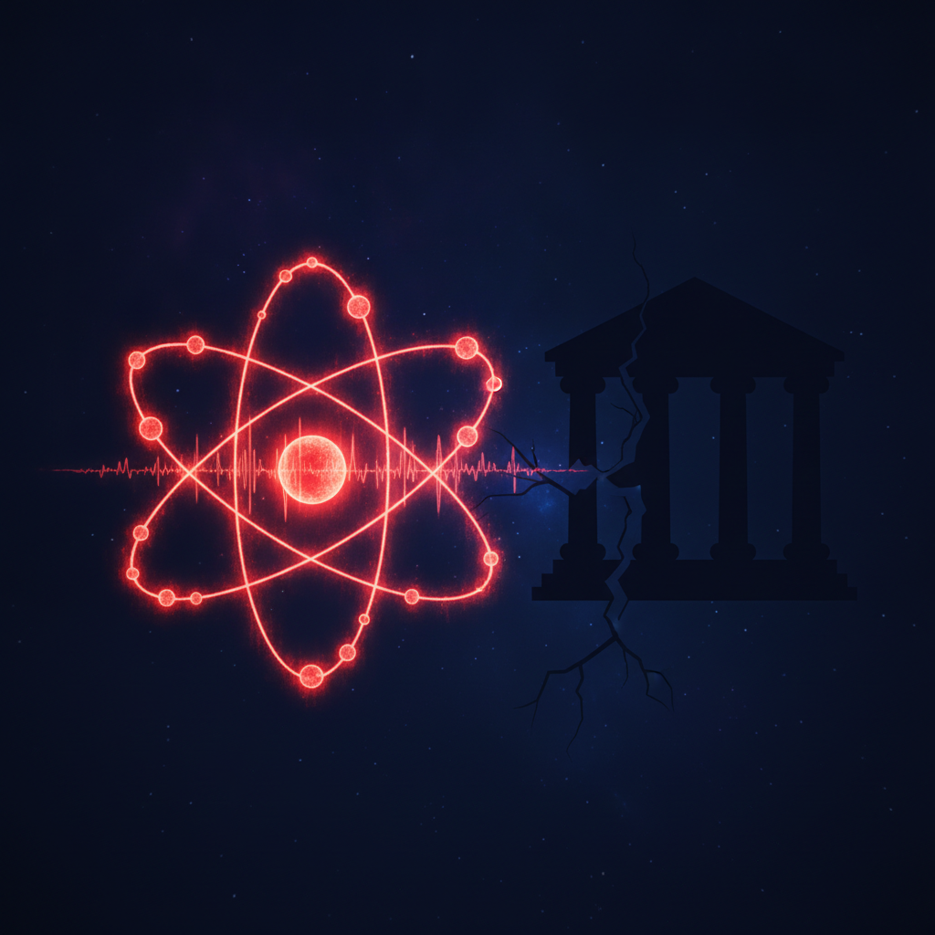 Abstract illustration of a quantum atom pattern next to a bank building