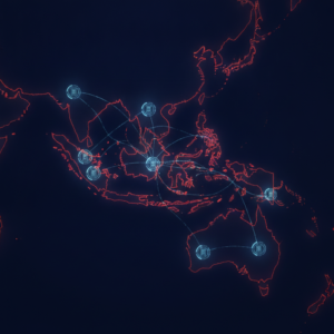 Abstract illustration of a Southeast Asia map with connected nodes