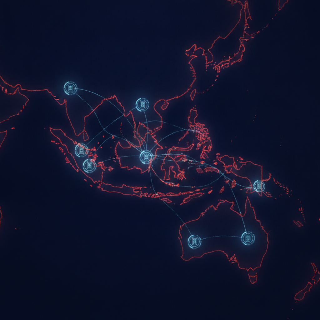 Abstract illustration of a Southeast Asia map with connected nodes