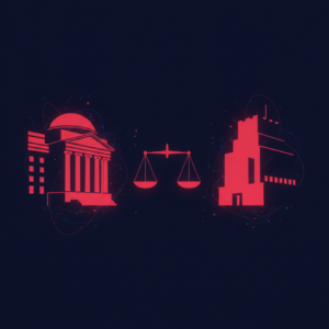 Abstract illustration of two institutions facing off with a legal scale