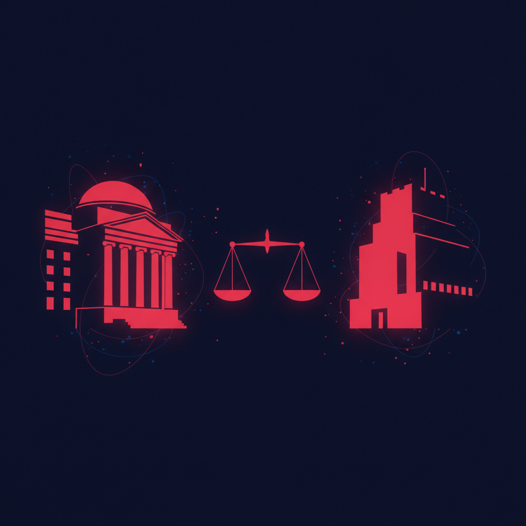 Abstract illustration of two institutions facing off with a legal scale