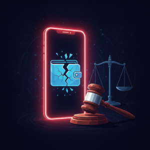 Abstract illustration of a smartphone with a cracked wallet icon and gavel