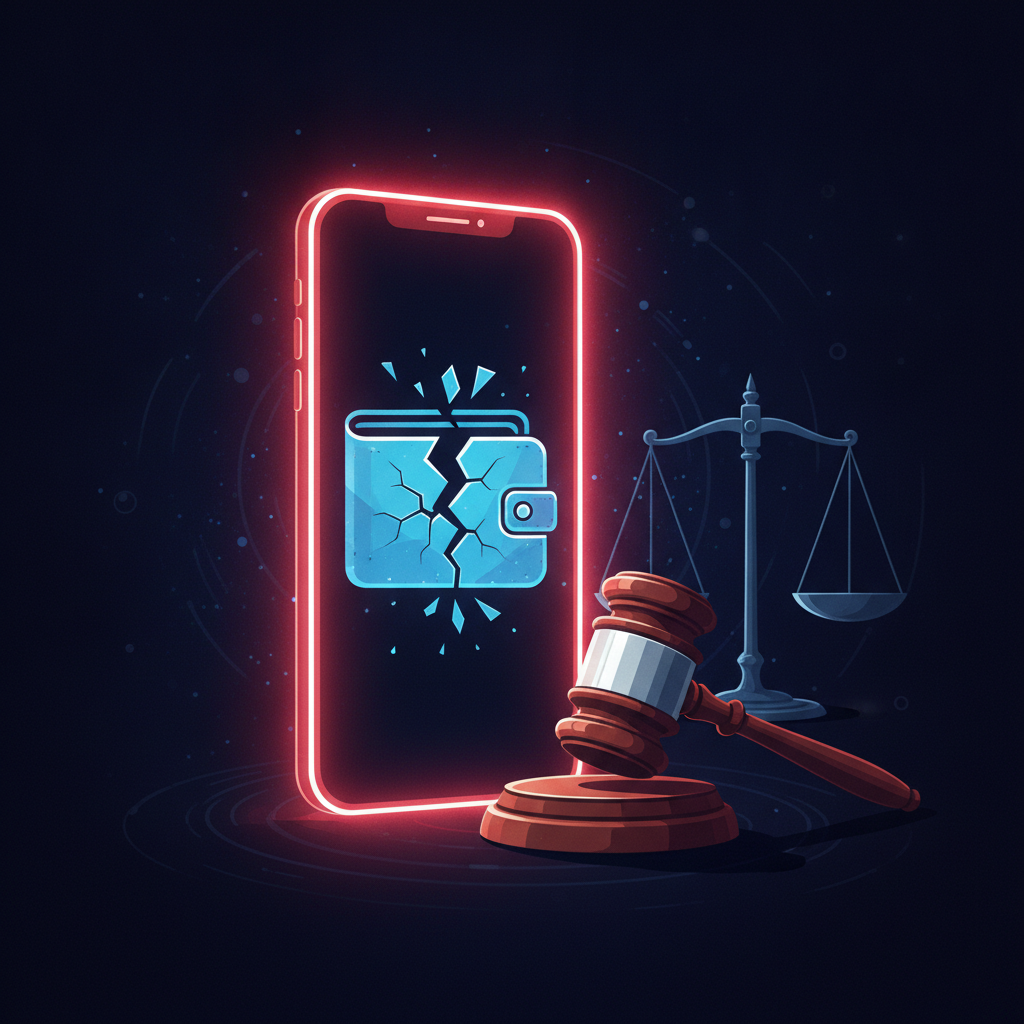Abstract illustration of a smartphone with a cracked wallet icon and gavel