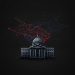 Abstract illustration of a corporate handshake over a stylized exchange building