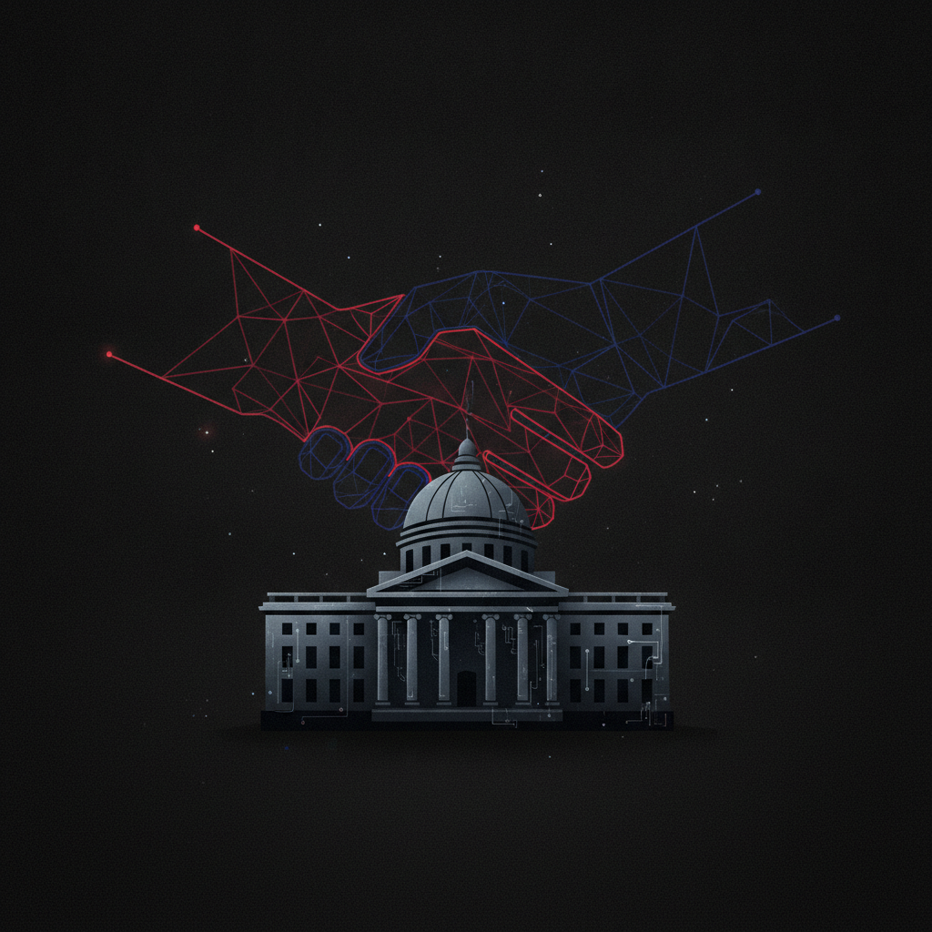 Abstract illustration of a corporate handshake over a stylized exchange building