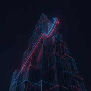 Abstract illustration of a bank building with an upward stock arrow