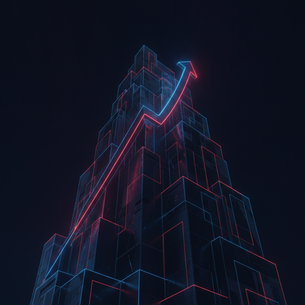 Abstract illustration of a bank building with an upward stock arrow