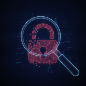 Abstract illustration of a broken digital padlock under a magnifying glass
