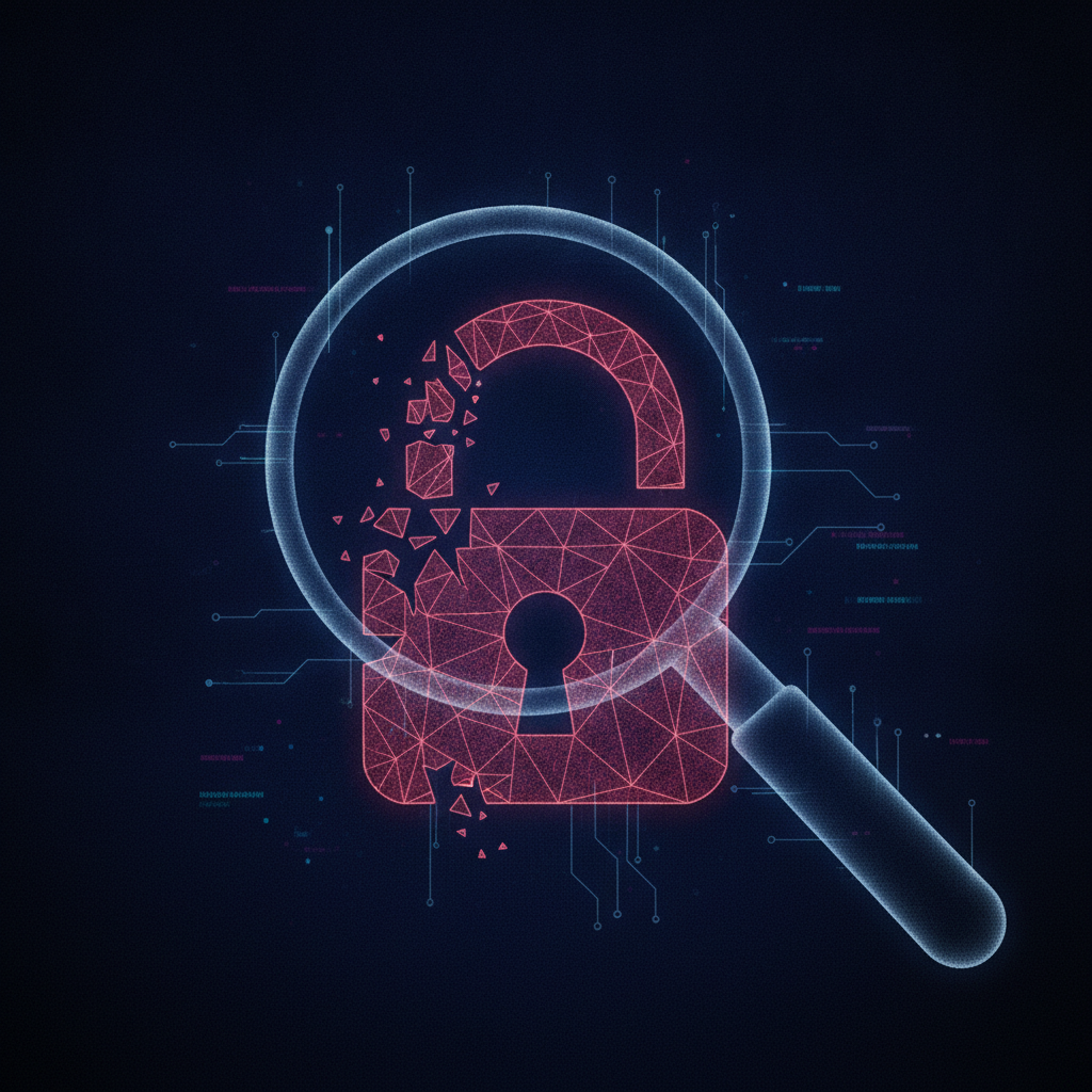 Abstract illustration of a broken digital padlock under a magnifying glass