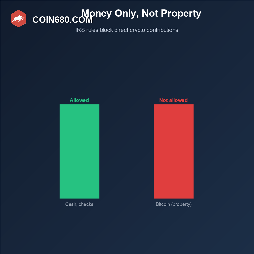 Comparison showing retirement account contributions must be cash, not property like Bitcoin, under IRS rules