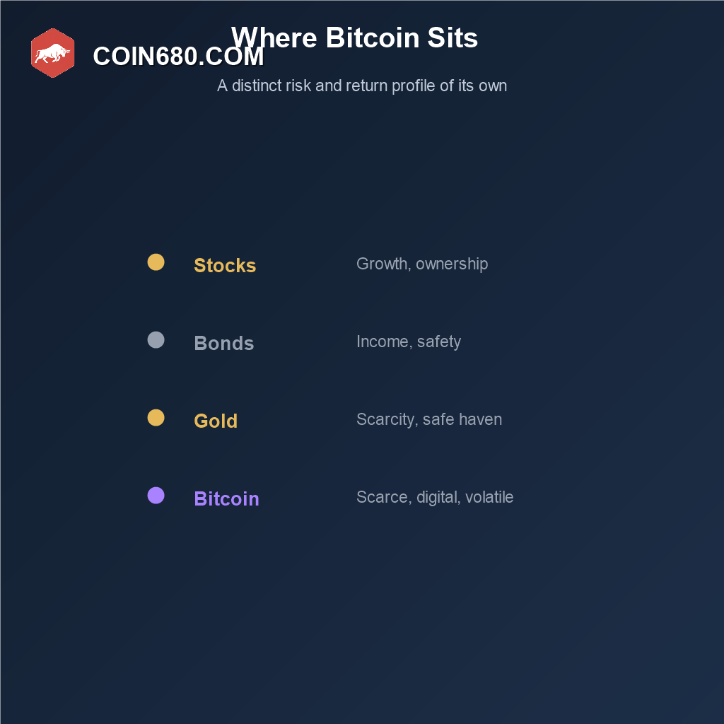 Comparison list showing the distinct role of stocks, bonds, gold, and Bitcoin in a portfolio