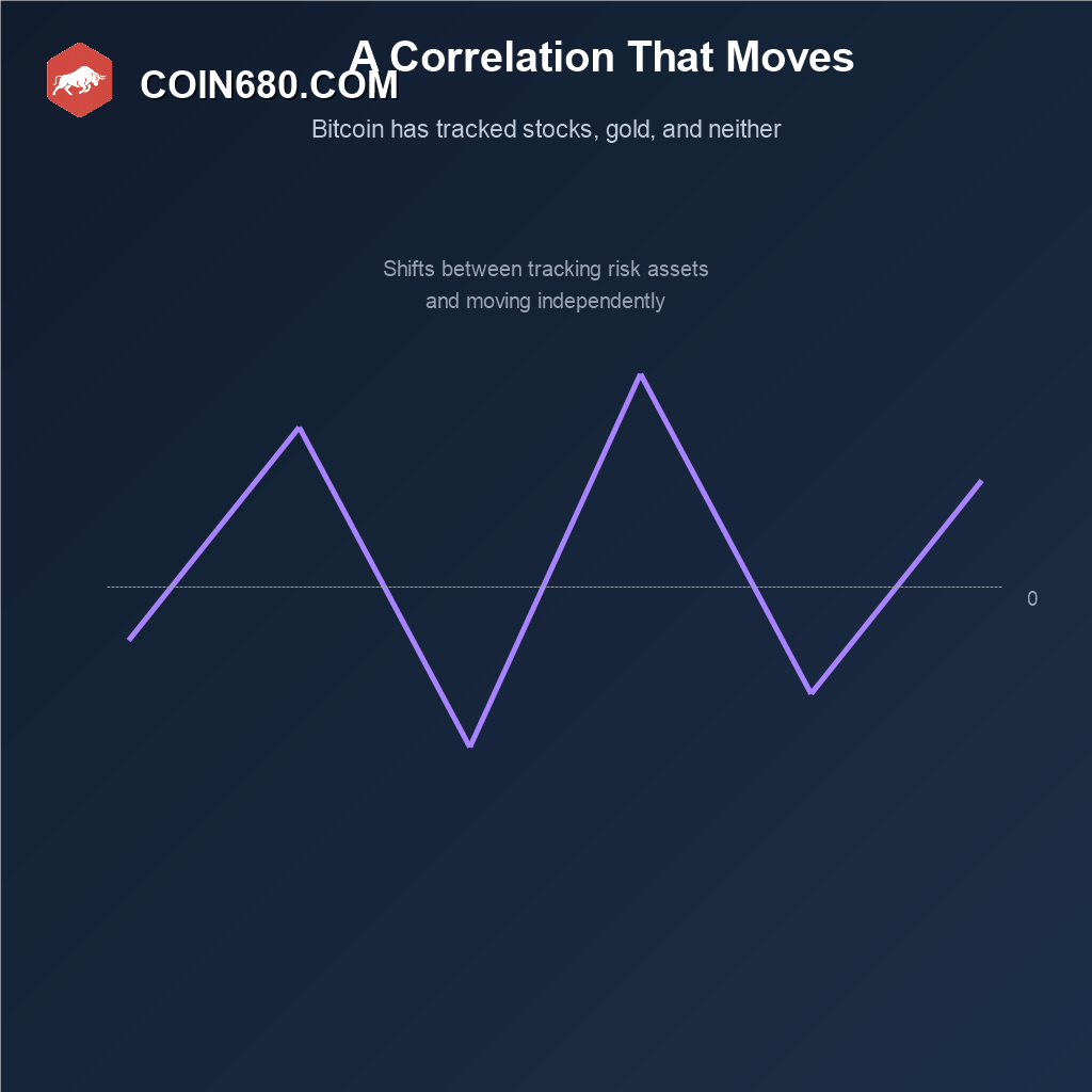 Line chart showing Bitcoin’s correlation with other assets shifting up and down over time rather than staying fixed