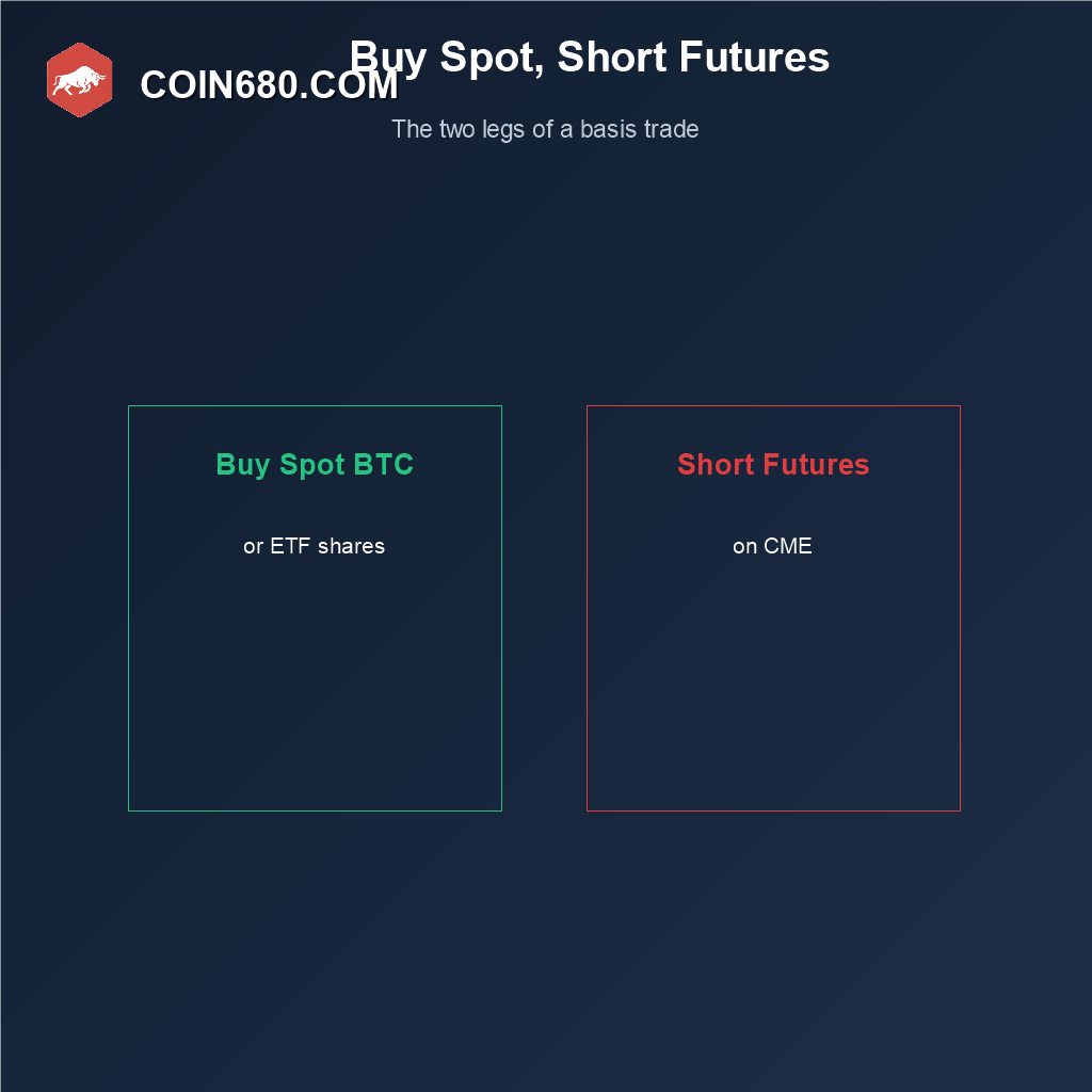 Diagram showing the two legs of a Bitcoin basis trade, buying spot Bitcoin or ETF shares and shorting Bitcoin futures on CME