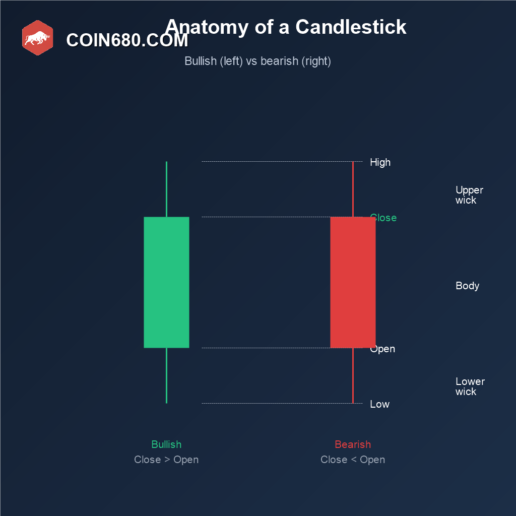 Diagram showing the anatomy of a bullish and bearish candlestick, labeling the open, close, high, low, body, and upper and lower wicks