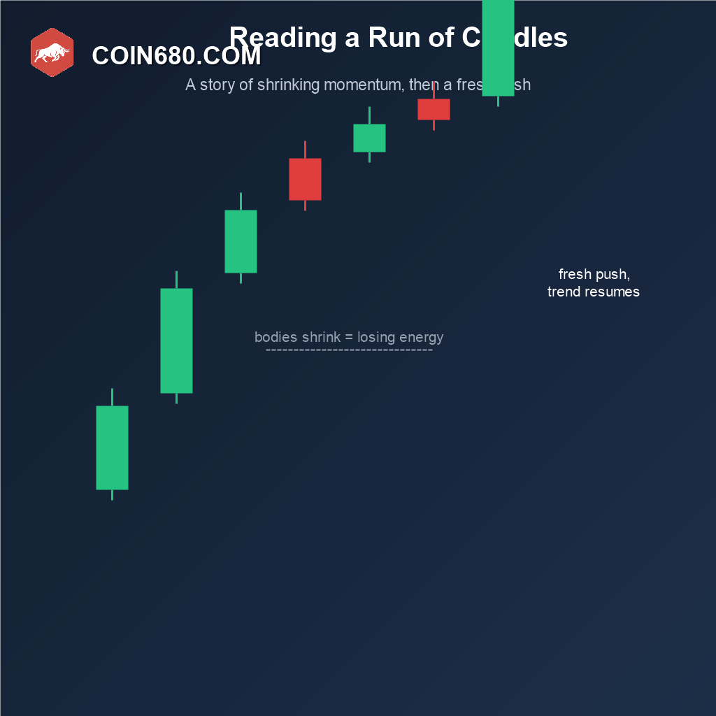 Sequence of candlesticks showing shrinking candle bodies during a pause followed by a fresh push in the trend direction