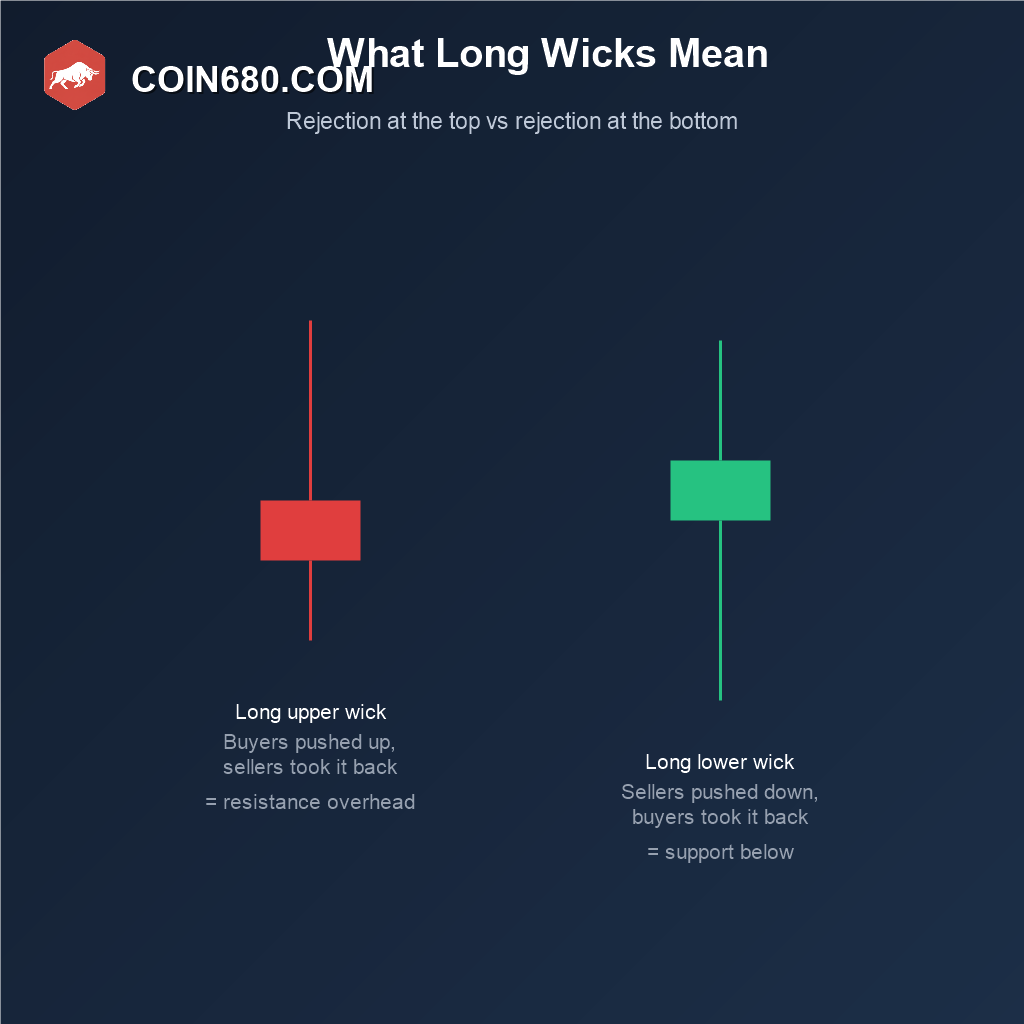 Comparison diagram showing a candle with a long upper wick signaling rejection at resistance versus a candle with a long lower wick signaling rejection at support