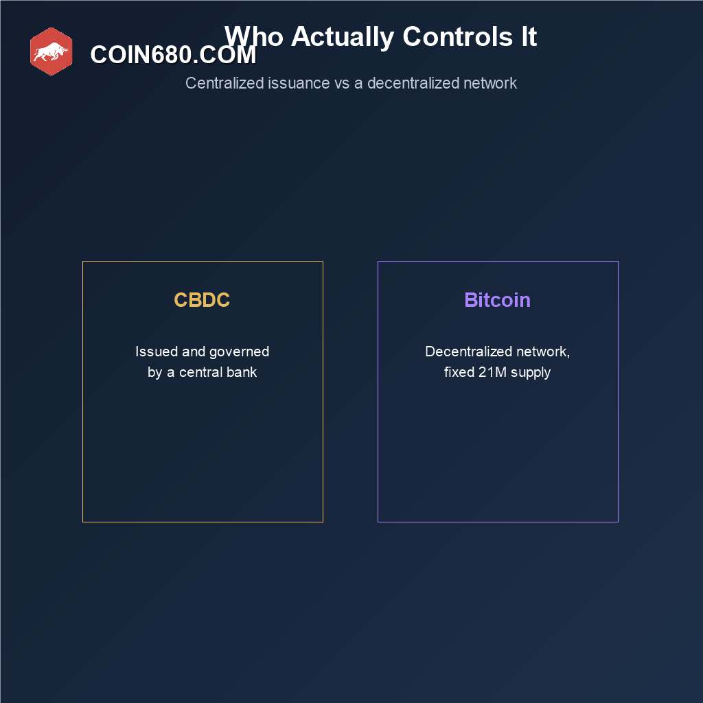 Comparison diagram showing a CBDC issued and governed by a central bank versus Bitcoin governed by a decentralized network with fixed supply