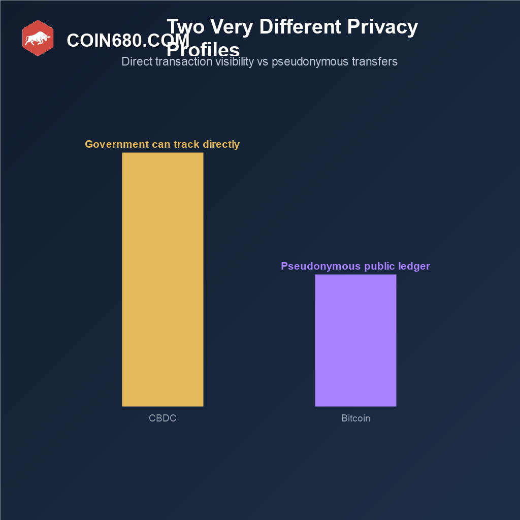 Bar chart comparing the privacy profile of a CBDC that a government can track directly against Bitcoin’s pseudonymous public ledger