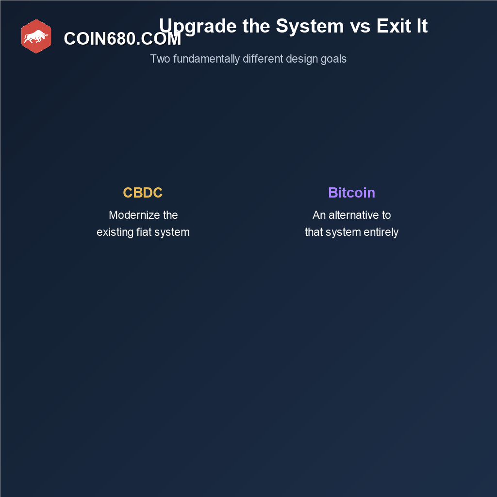 Diagram contrasting a CBDC designed to modernize the existing fiat system against Bitcoin designed as an alternative to it