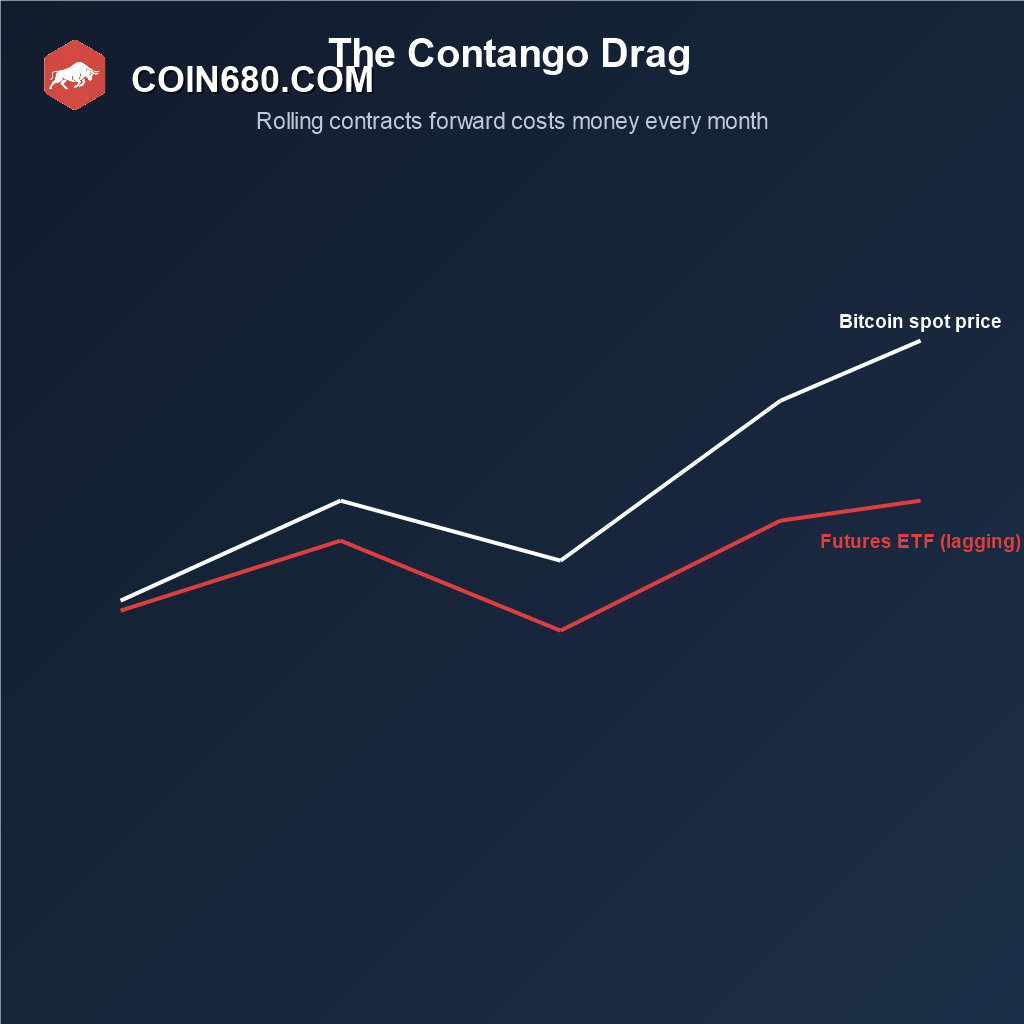 Line chart showing a futures based Bitcoin ETF lagging behind the real spot Bitcoin price due to contango costs