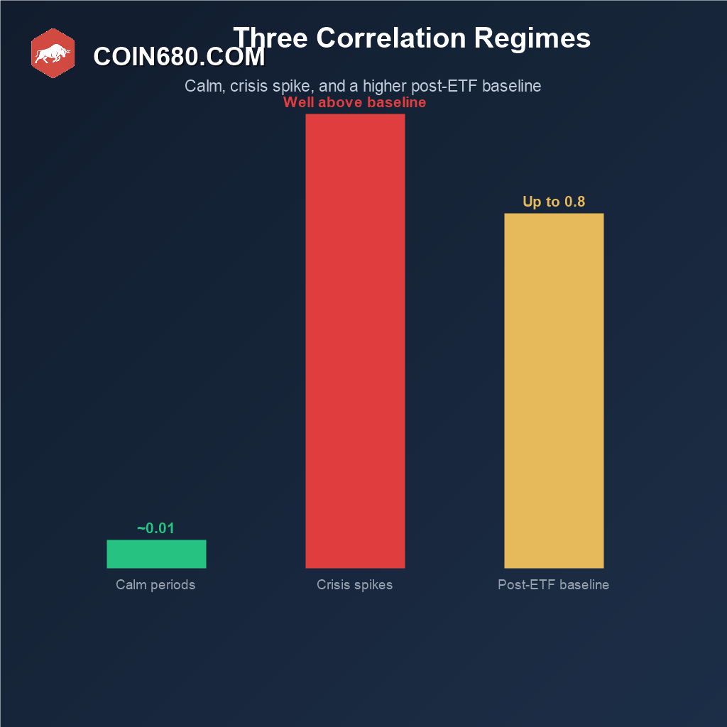 Bar chart comparing three correlation regimes, calm periods, crisis spikes, and a higher post-ETF baseline