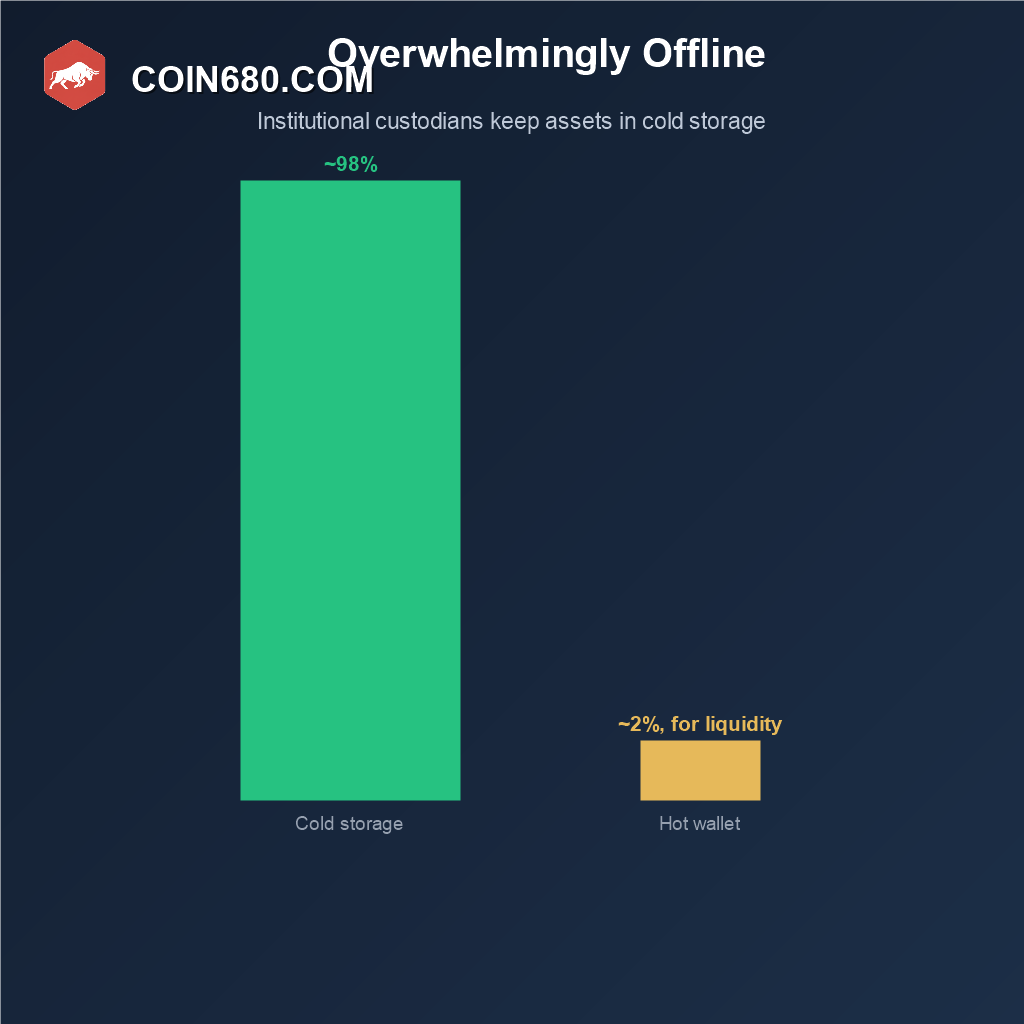 Bar chart showing institutional custodians keeping roughly ninety eight percent of Bitcoin holdings in cold storage
