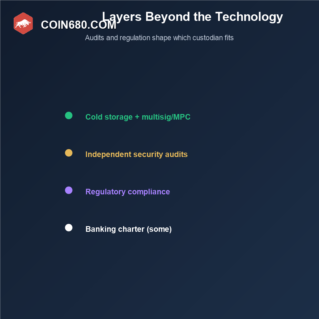 Checklist showing cold storage, independent audits, regulatory compliance, and banking charters as layers of institutional Bitcoin custody
